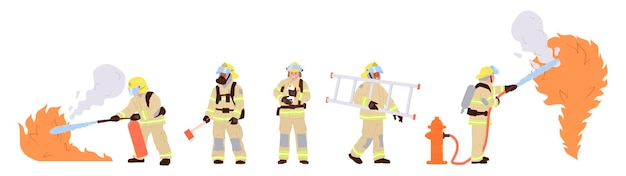 Los valientes miembros del equipo de bomberos, personajes de dibujos animados en acción, aislados sobre un fondo blanco.