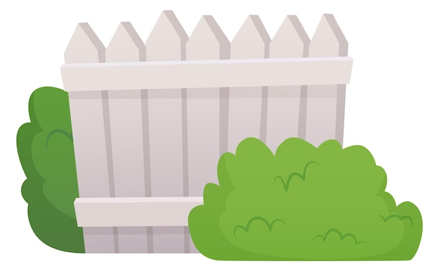 Valla de jardín blanco con icono de dibujos animados de arbustos verdes aislado sobre fondo blanco