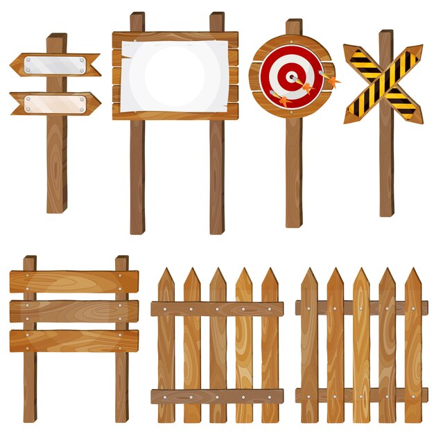 Valla, letreros de madera, signo de flecha, dardo objetivo. Conjunto de vectores