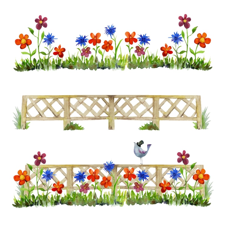 Vector valla de madera de campo dibujada a mano de acuarela con flores de hierba y un pájaro aislado sobre fondo blanco plantilla de diseño para tarjetas bolsas de regalo invitaciones papel tapiz estampado textil para niños