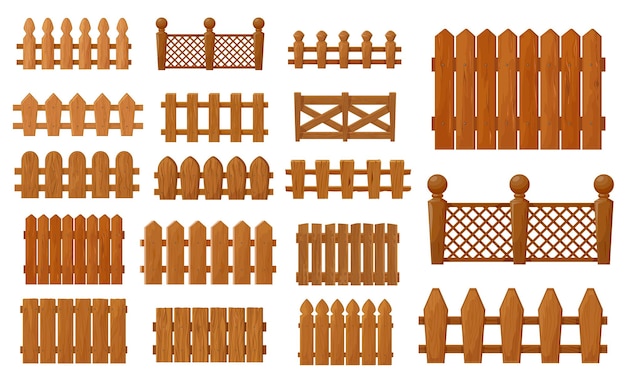 Vector valla de madera de dibujos animados de jardín y granja, conjunto de vectores