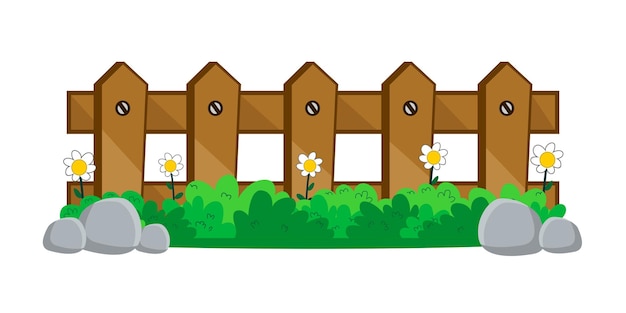 valla de madera con hierba de flores y piedras aisladas