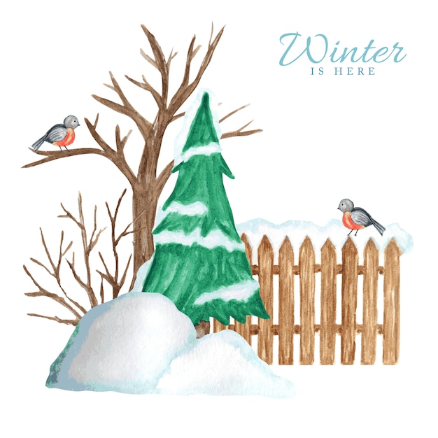 Valla de madera en invierno con nieve, árbol de navidad y pareja de aves camachuelo y ventisqueros.