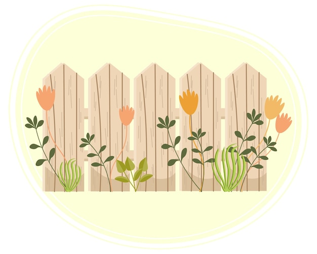 Valla de madera de jardinería de ilustración con flores y hierba sobre un fondo suave