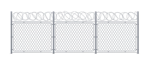 Valla de tela metálica con alambre de púas. Construcción de eslabones de cadena de metal con alambre de púas o alambre de púas, bobbed o bob.