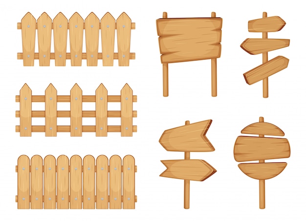 Vallas de jardín y letreros con textura de madera. aislante determinado de la ilustración del vector en blanco