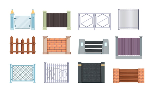 Vallas de madera. Elementos al aire libre para plantillas de dibujos animados de vector de casa de campo de vallas. Colección de paredes rurales, ilustración de estructura de protección de arquitectura casera
