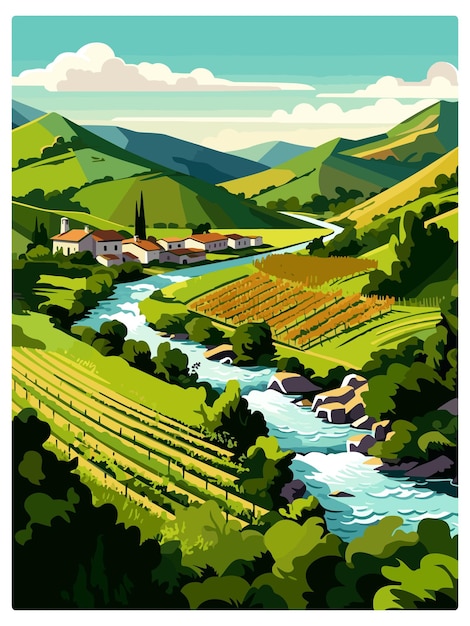 Vector valle del duero portugal cartel de viaje de época souvenir tarjeta postal pintura de retrato ilustración de wpa