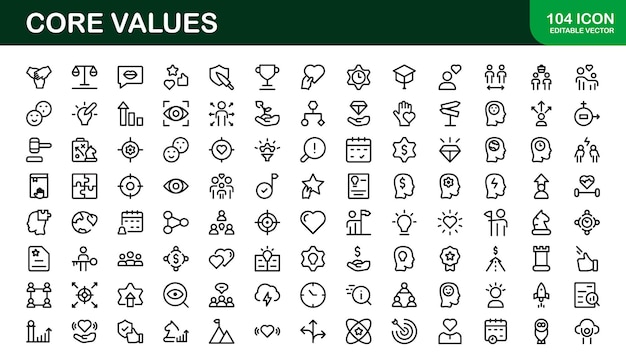 Valores básicos Icon Pack Arte de línea profesional para la integridad Colaboración Innovación y corporativa