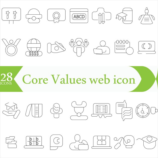Valores básicos icono web establecido en estilo de línea Innovación integridad clientes rendición de cuentas trabajo en equipo objetivos motivación colección