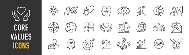 Valores básicos icono web establecido en estilo de línea Innovación integridad clientes responsabilidad trabajo en equipo metas motivación colección Ilustración vectorial