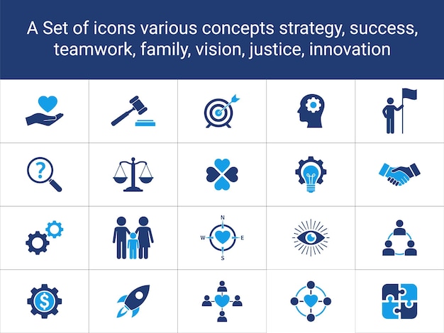 Valores básicos Iconos sólidos conjunto integridad Innovación Crecimiento Confianza Trabajo en equipo Ética Iconos vectoriales