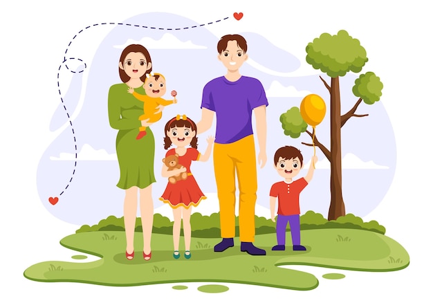 Valores familiares ilustración de madre, padre e hijos uno al lado del otro en amor y felicidad