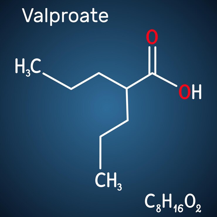 Vector valproato de ácido valproico: medicamento anticonvulsivo con fórmula estructural de fondo azul oscuro.