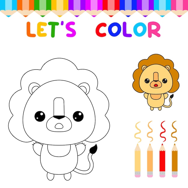 Vector vamos a colorear animales lindos libro para colorear para niños pequeños juego educativo para niños pintar el león