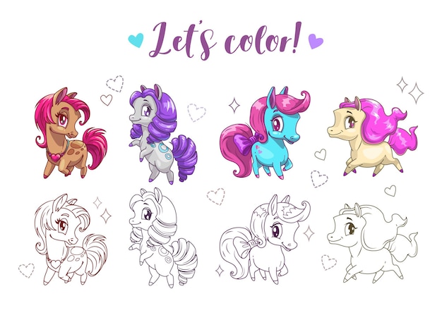 Vamos a colorear pony divertidos dibujos animados lindos pequeños caballos chibi imágenes coloridas y de contorno