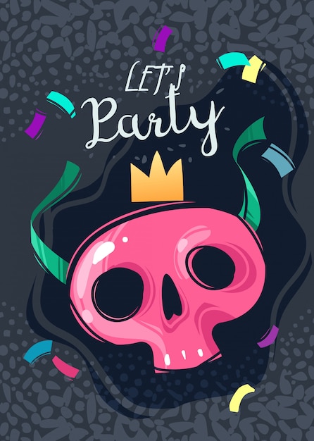 Vector vamos de fiesta. tarjeta de evento de halloween con calavera