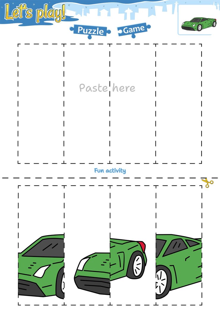 Vector vamos a jugar a cortar y pegar juego de rompecabezas con tema de transporte