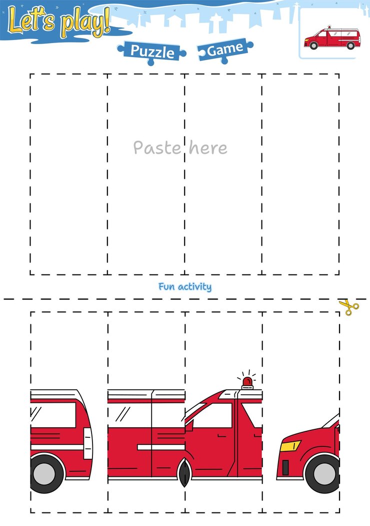 Vector vamos a jugar a cortar y pegar juego de rompecabezas con tema de transporte