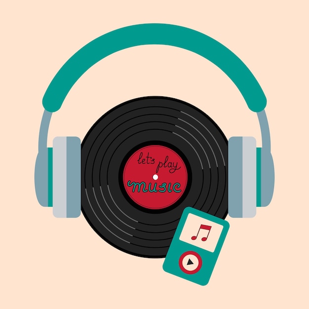 Vamos a reproducir el título de la música en el disco de vinilo en los auriculares con la ilustración vectorial de estilo plano del jugador