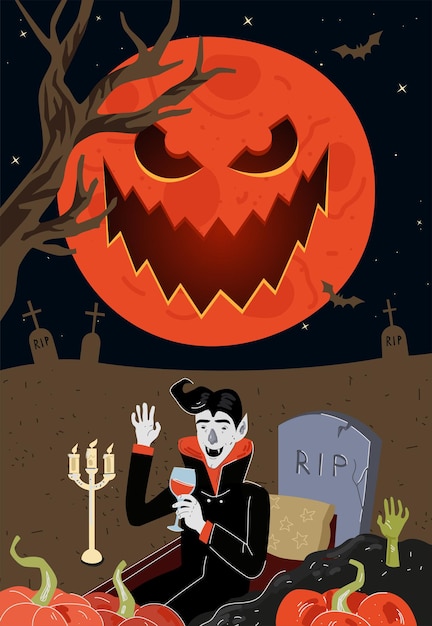 Vector vampiro bebe sangre en la tumba cerca de la lápida de rip en el cementerio de la noche a la luz de la luna felices fiestas de halloween