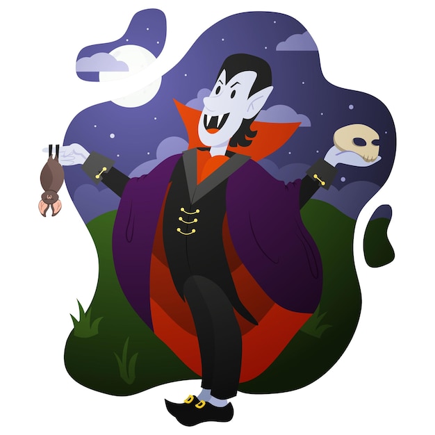 Un vampiro feliz con un murciélago y una calavera en sus manos celebra la fiesta de halloween
