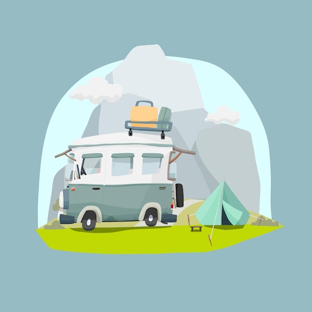 Vector van camping en tiempo de vacaciones