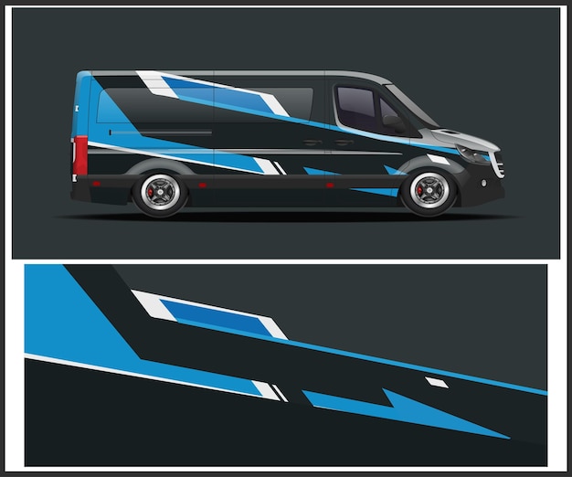Van color cian el fondo gris diseño de envoltura de automóvil