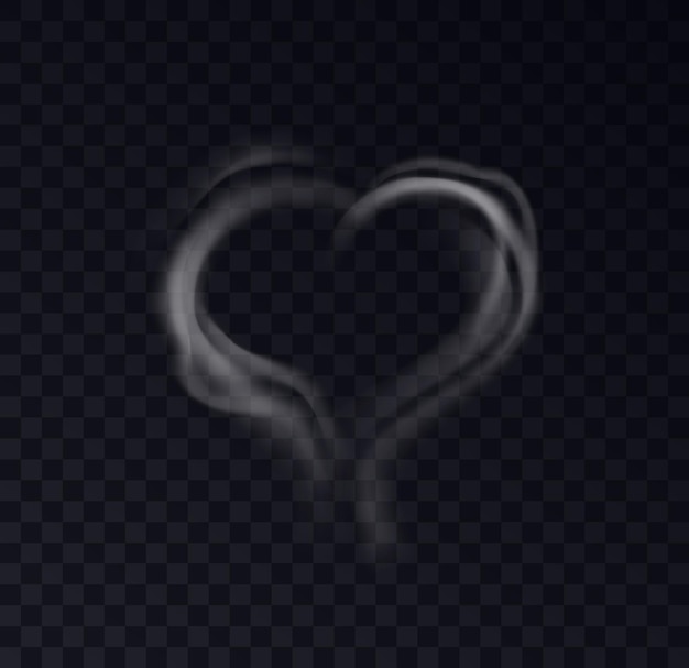 Vapor de humo de forma de corazón aislado sobre fondo negro transparente. Efecto romántico del vapor blanco de fumar café o cigarrillos. Ilustración vectorial 3d