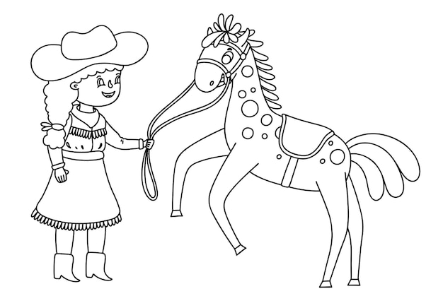 Vaquera con el caballo. ilustración de niños de contorno de dibujos animados de vector. página para colorear para niños