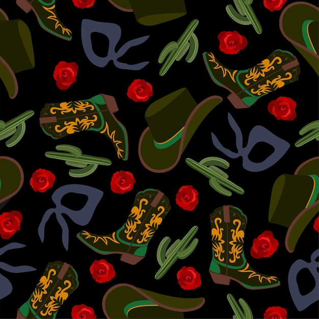 vaquera retra. Patrón transparente de vector con sombreros de vaquero, botas, pañuelos, cactus y rosas en negro