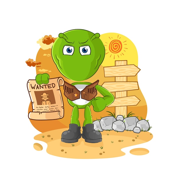 Vaquero alienígena con vector de mascota de dibujos animados de papel buscado