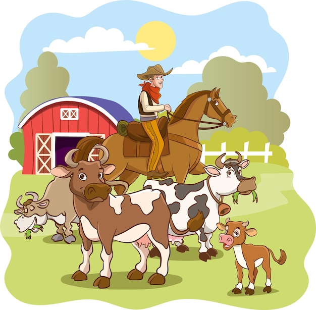 Vaquero y animales de granja ilustración vectorial de un estilo de dibujos animados