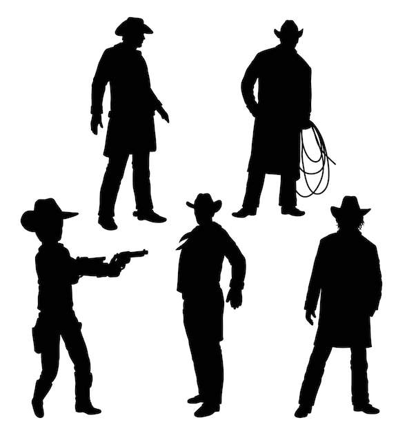 vaquero, con, arma de fuego, y, lazo, silueta