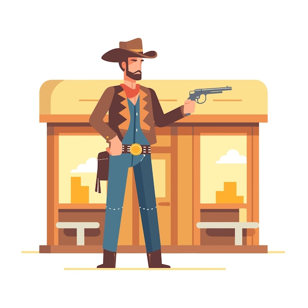 Vector un vaquero con un arma y de pie cerca del salón ilustración vectorial