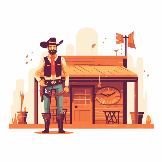 Vector un vaquero con un arma y de pie cerca del salón ilustración vectorial