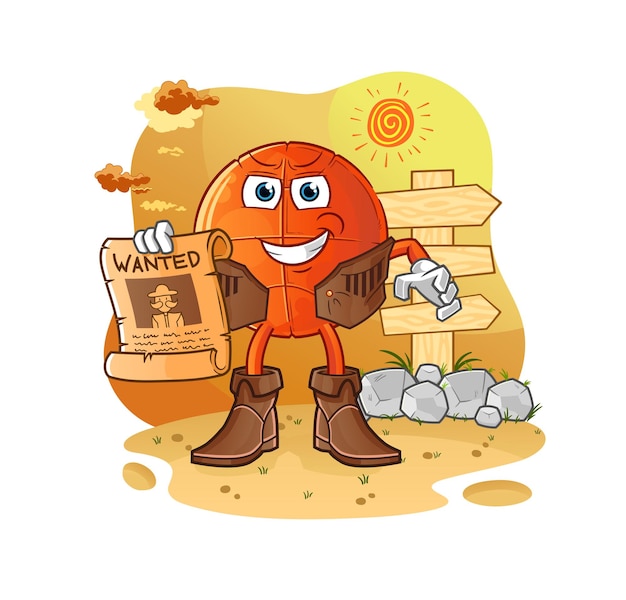 Vaquero de baloncesto con papel buscado. vector de mascota de dibujos animados