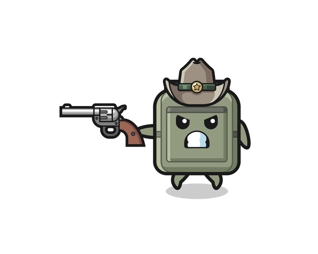 El vaquero del bolso de la escuela disparando con un arma