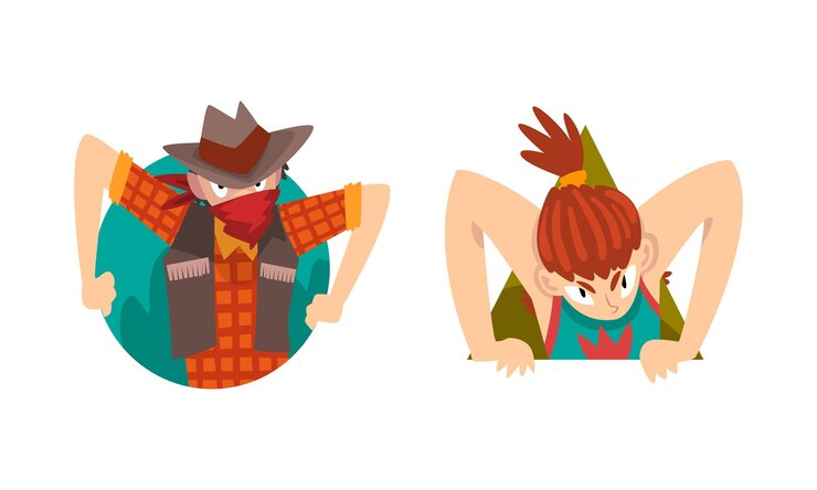 Vector vaquero y chica mirando desde el conjunto vectorial de formas geométricas