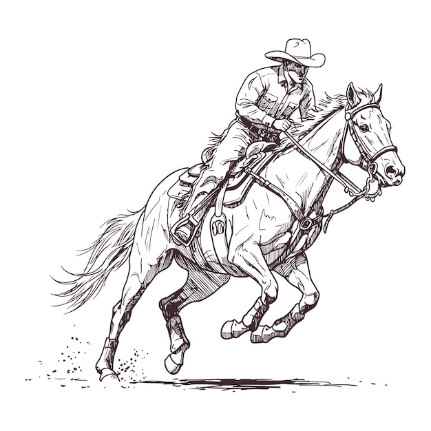 Un vaquero dibujado a mano de época montando un caballo rápido en una escena de acción de rodeo dinámica detallada en blanco y negro