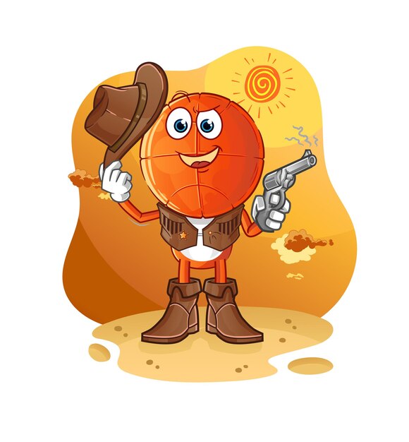 Vaquero de dibujos animados de cabeza de baloncesto con vector de caracteres de pistola