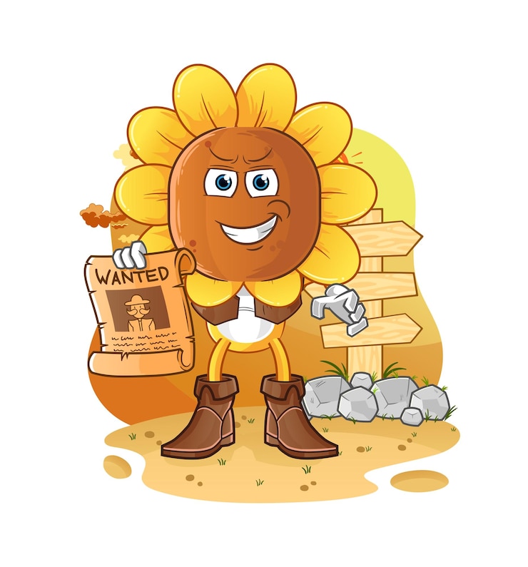 Vector vaquero de dibujos animados de cabeza de girasol con vector de dibujos animados de papel buscado