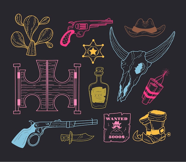 vaquero, garabato, occidental, icono, bosquejo, sheriff, oeste, salvaje, contorno, línea, lindo, estilo, aislado, conjunto