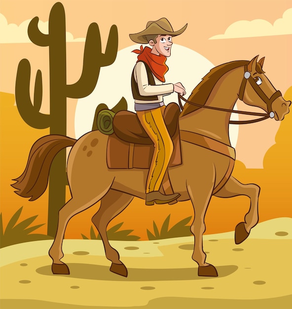 Vaquero montando un caballo en el desierto Ilustración vectorial en estilo de dibujos animados