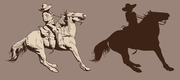 vaquero montando un caballo salvaje mustang redondeando un caballo pateando en un rodeo dibujo gráfico boceto