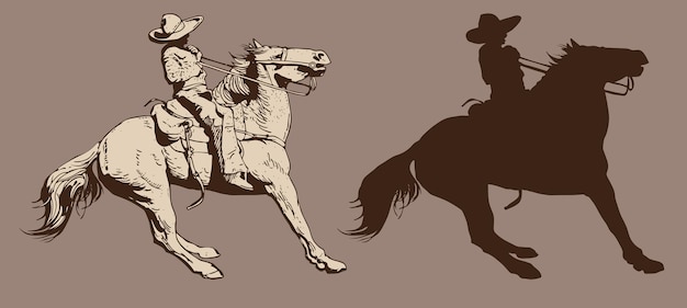 Vector vaquero montando un caballo salvaje mustang redondeando un caballo pateando en un rodeo dibujo gráfico boceto