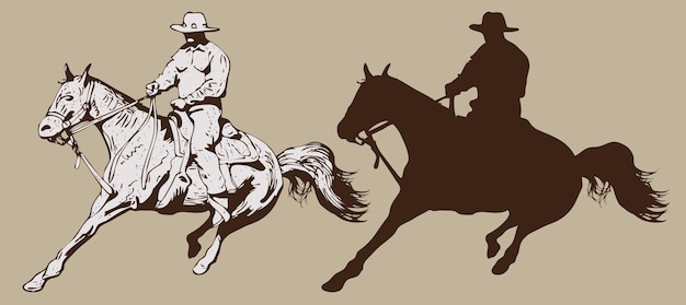 vaquero montando un caballo salvaje mustang redondeando un caballo pateando en un rodeo dibujo gráfico boceto