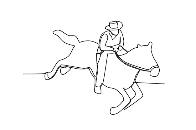 Vector un vaquero montando un caballo veloz dibujo de una línea de vaquero