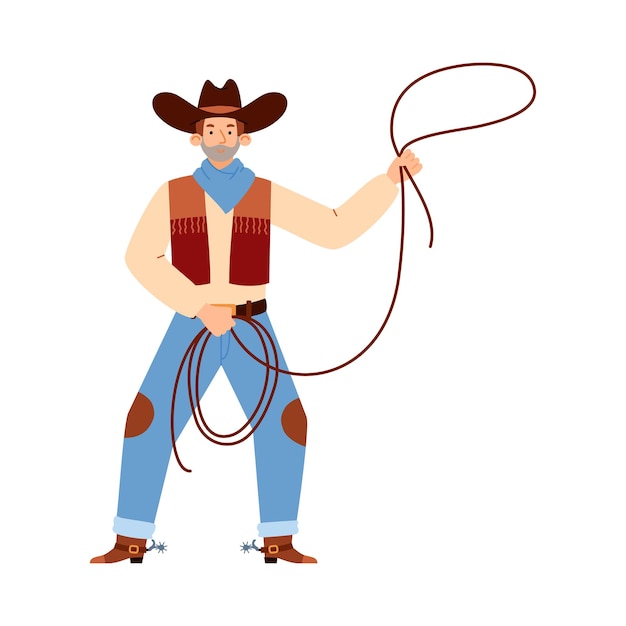 Vaquero occidental o guardabosques de texas lanzando lazo ilustración vectorial plana aislada