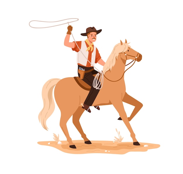 Vaquero occidental con sombrero montando a caballo. jinete del salvaje oeste a caballo con lazo en la mano. jinete de rodeo americano con pistola en funda. ilustración de vector gráfico plano aislado sobre fondo blanco.